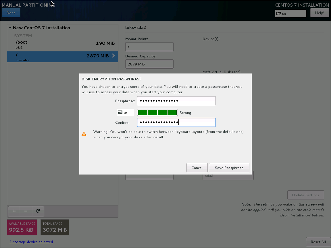 CentOS 7 Setup - provide passphrase