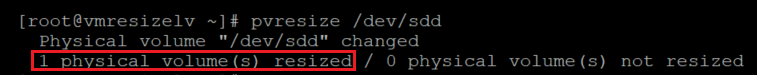 Screenshot showing the code that resizes the physical volume. The result is highlighted.