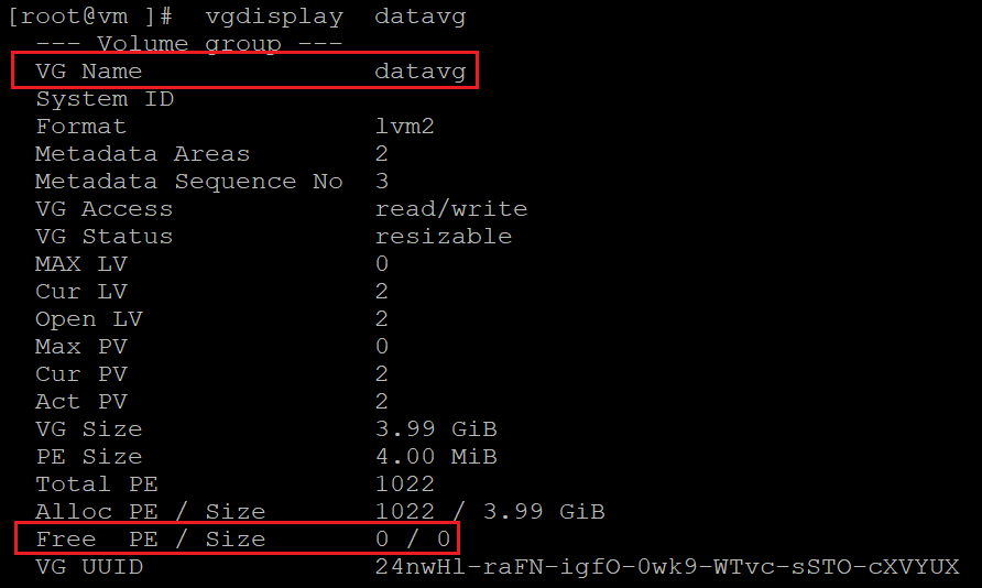 Screenshot showing the code that checks information for volume groups. The results are highlighted.