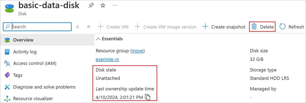 Screenshot of an individual managed disks blade. This blade will show unattached in the disk state if it is unattached. You can delete this disk if you do not need to preserve its data any longer