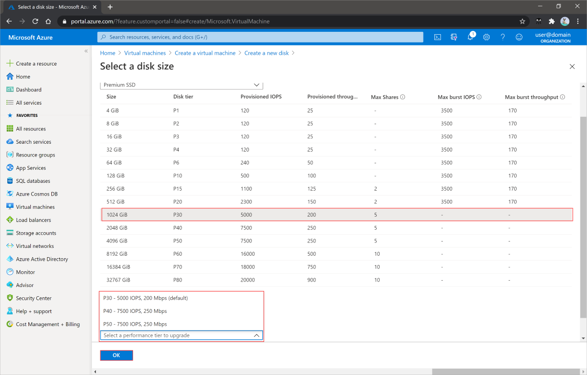 Screenshot of the disk creation blade, a disk is highlighted, and the performance tier dropdown is highlighted.