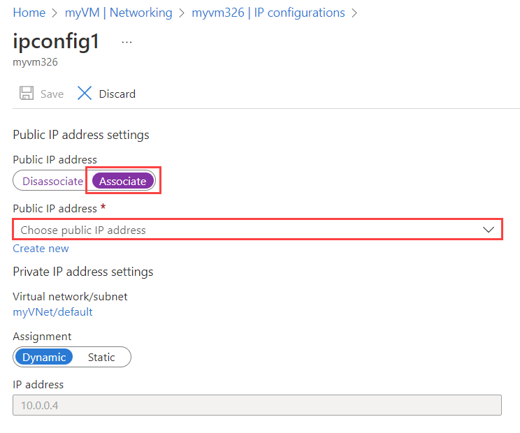 Screenshot showing how to select, create, and associate a new public IP address.