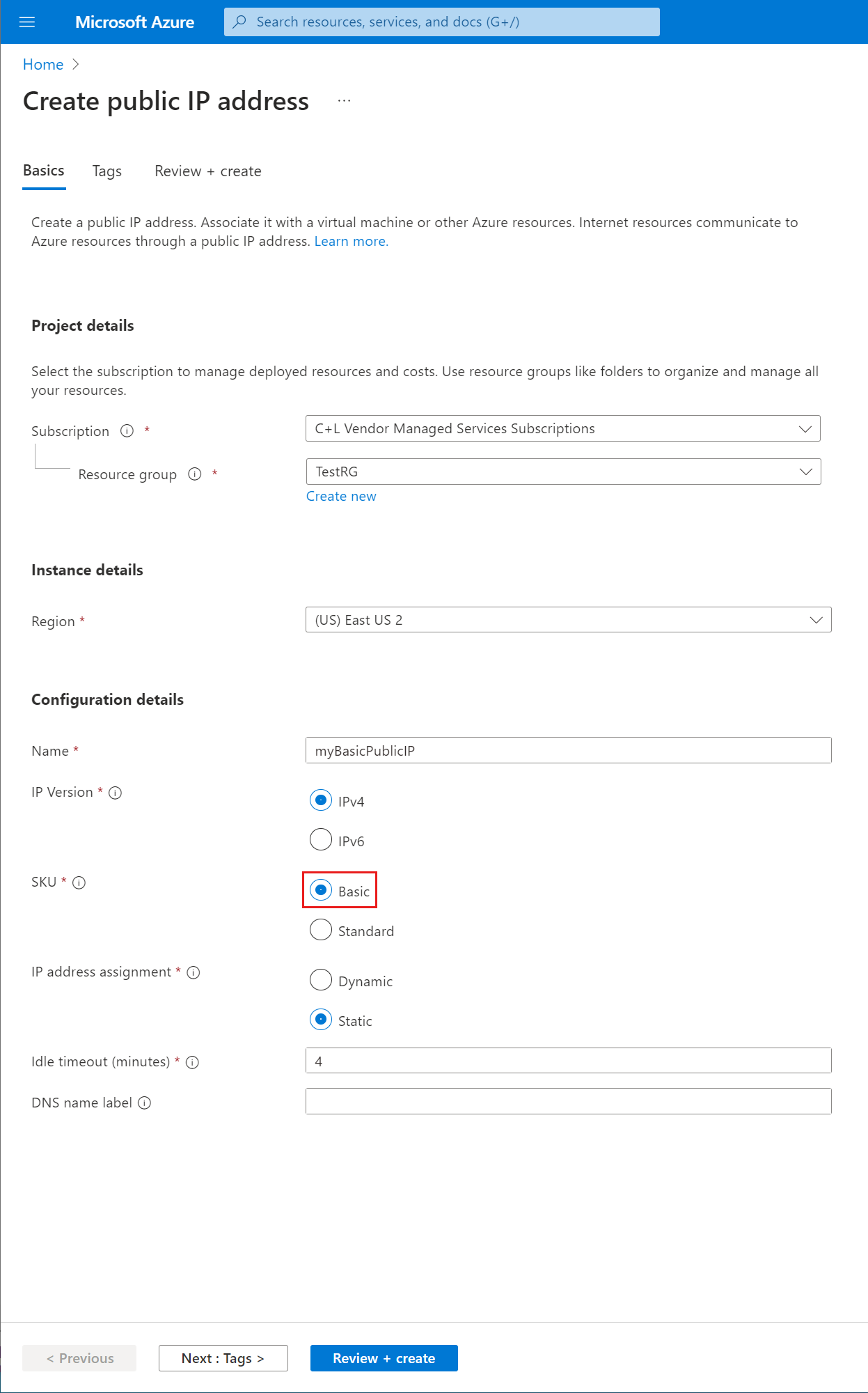 Screenshot that shows the Create public IP address Basics tab settings for a Basic SKU.