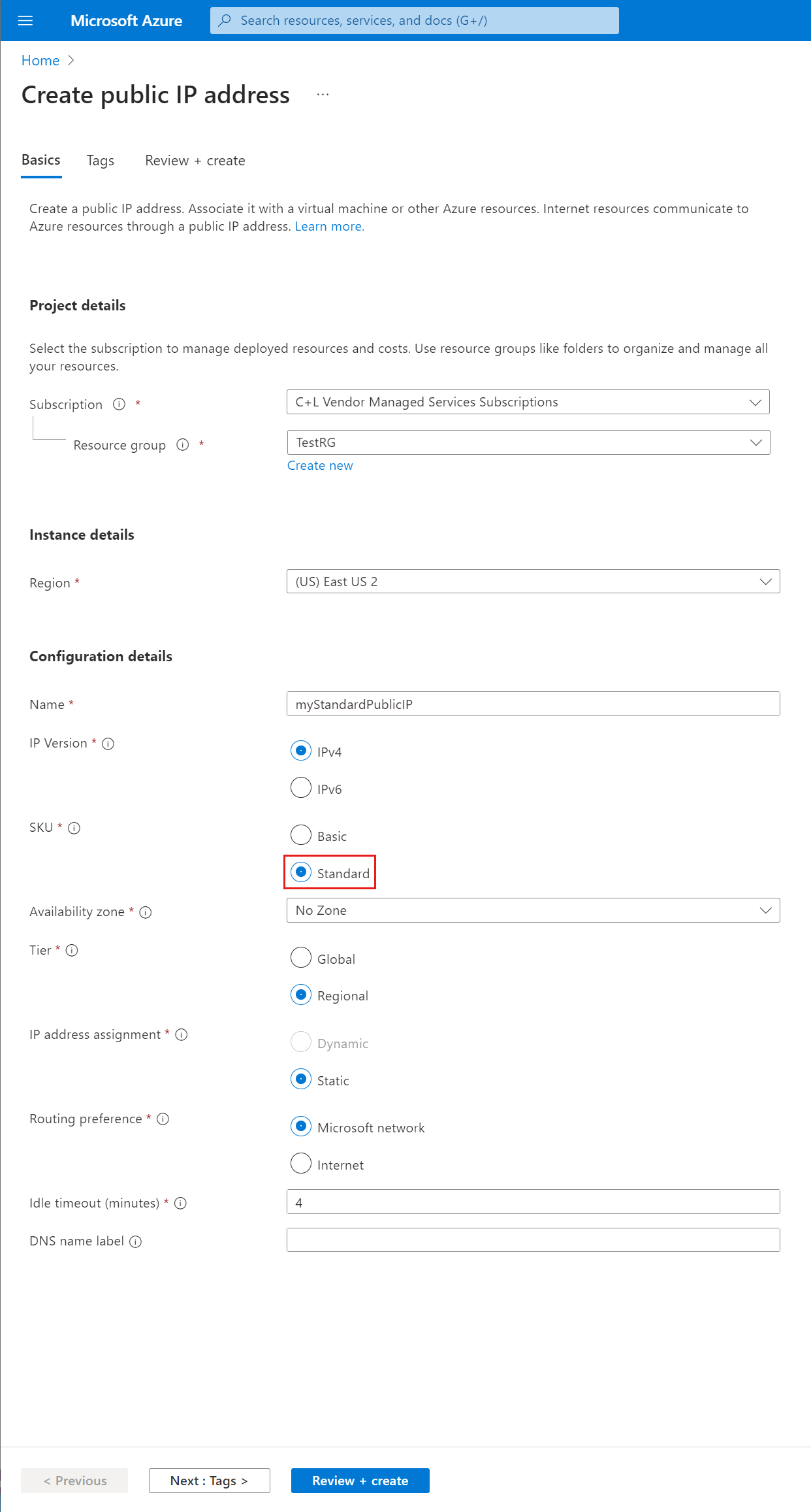 Screenshot that shows the Create public IP address Basics tab settings for a Standard SKU.