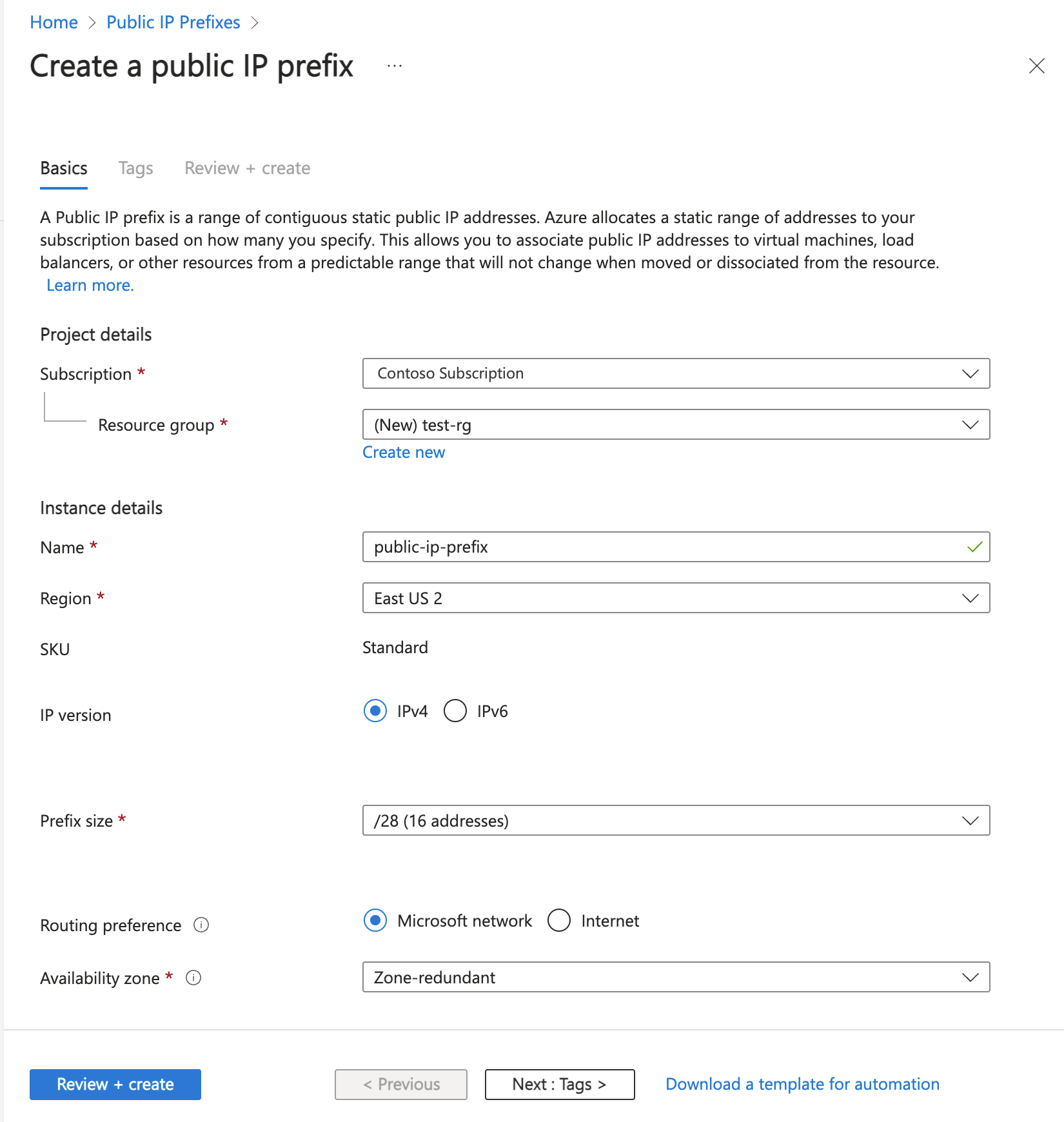 Screenshot of create public IP address prefix with default settings in the Azure portal.