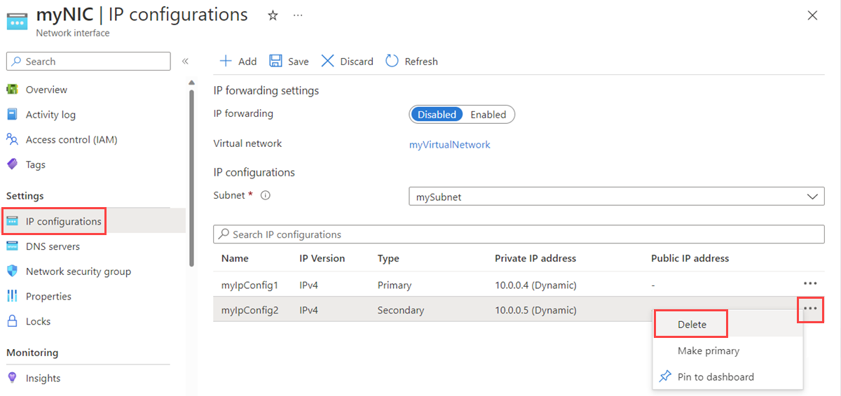 Screenshot of delete an I P configuration in Azure portal.