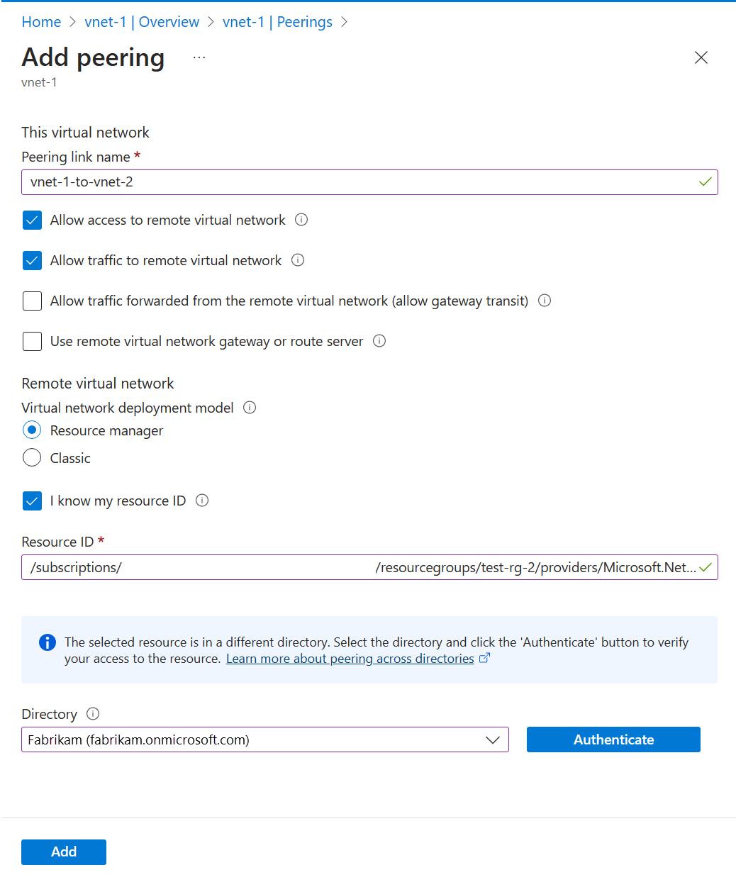 Screenshot of peering from vnet-1 to vnet-2.