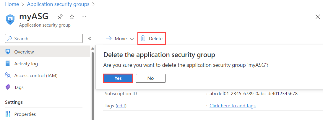 Screenshot that shows deleting an application security group in the Azure portal.