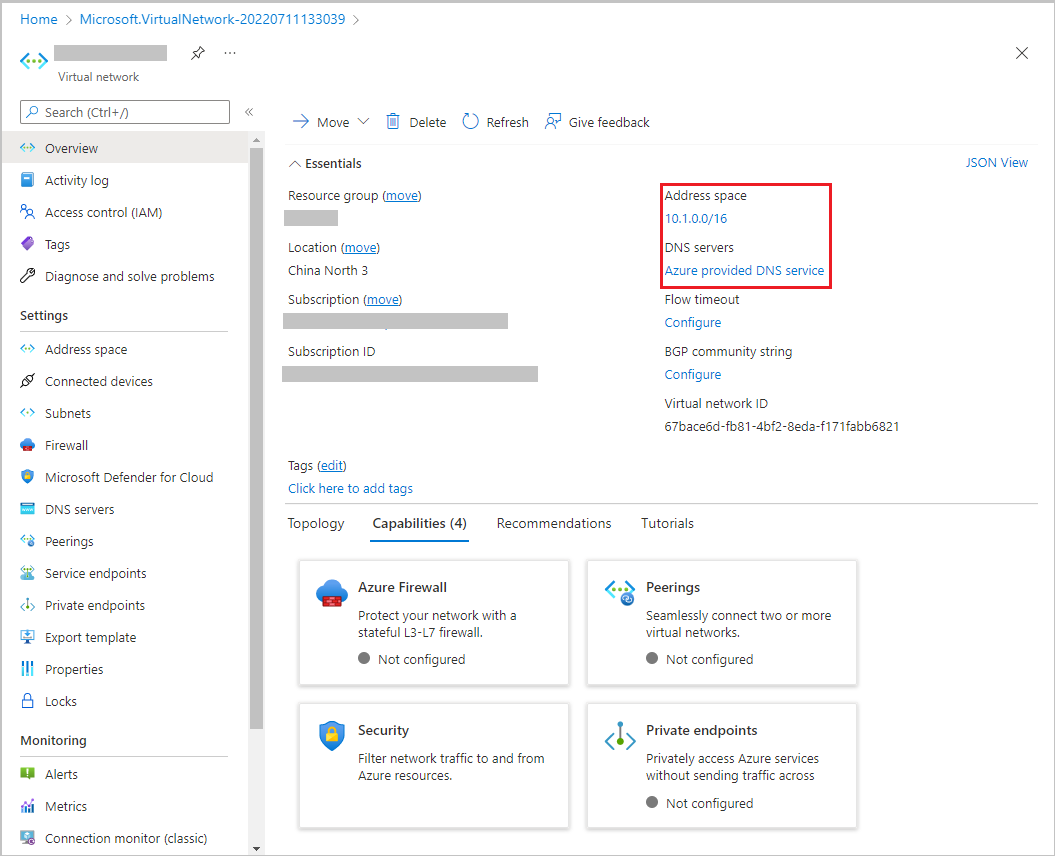 Screenshot of the Virtual Network overview page. It includes essential information including resource group, subscription info, and DNS information.