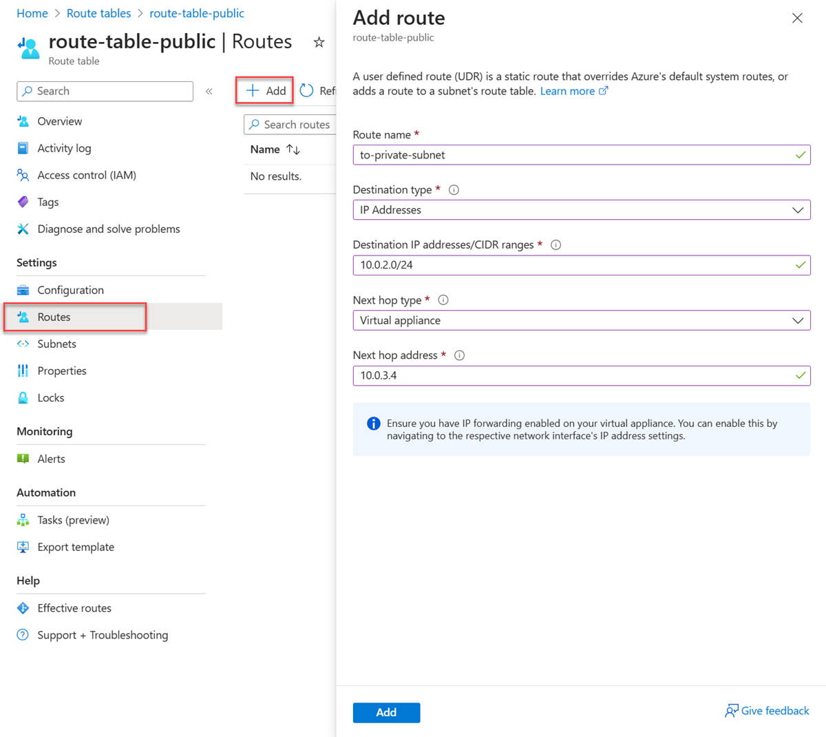 Screenshot of route creation in route table.