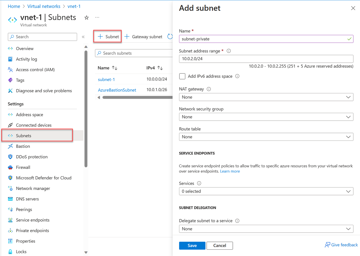 Screenshot of private subnet creation in virtual network.