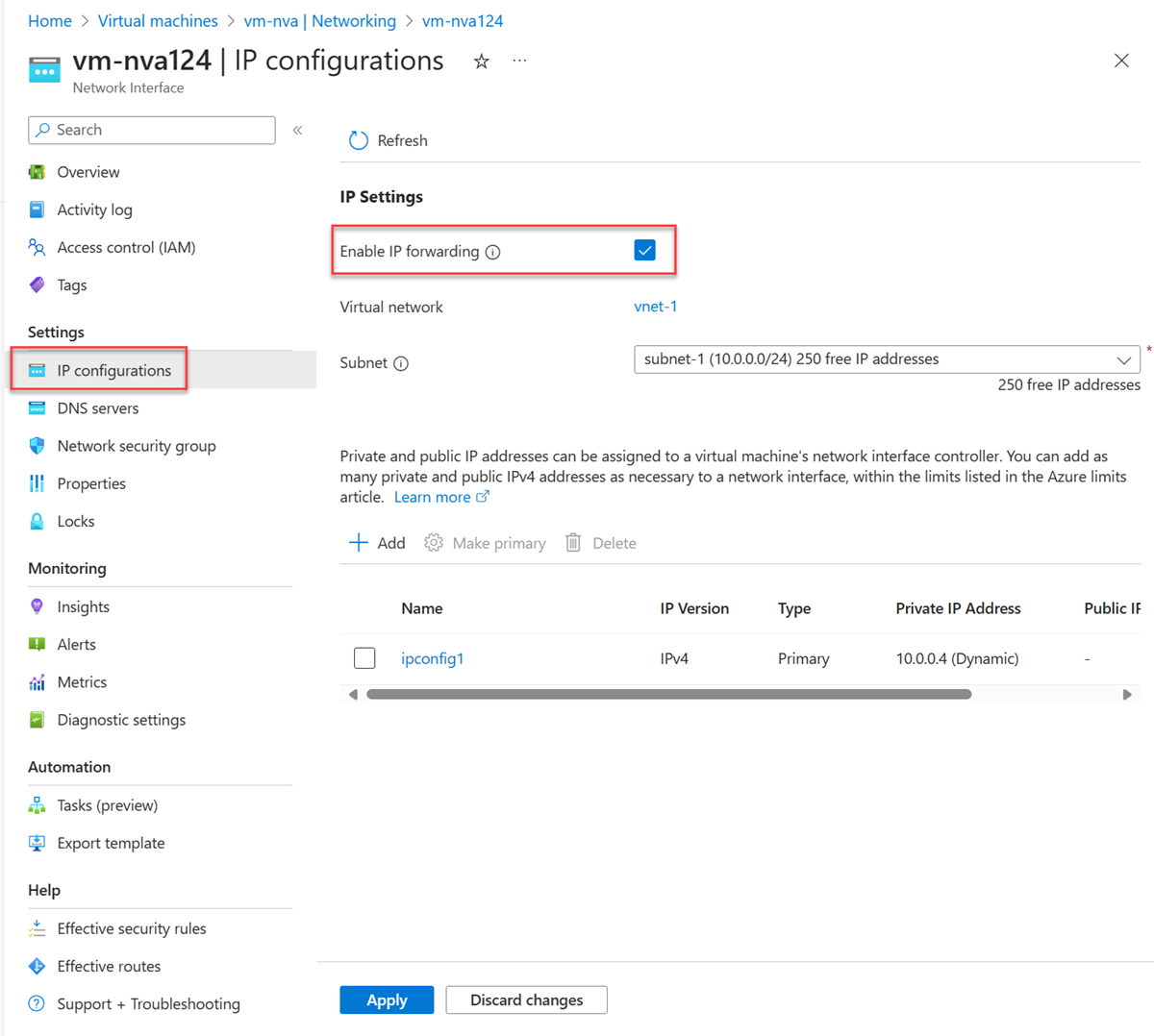 Screenshot of enablement of IP forwarding.