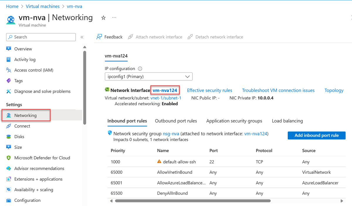 Screenshot of network interface of NVA virtual machine.