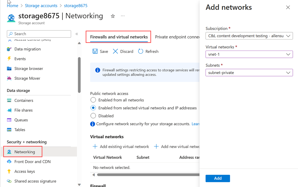 Screenshot of restriction of storage account to the subnet and virtual network created previously.