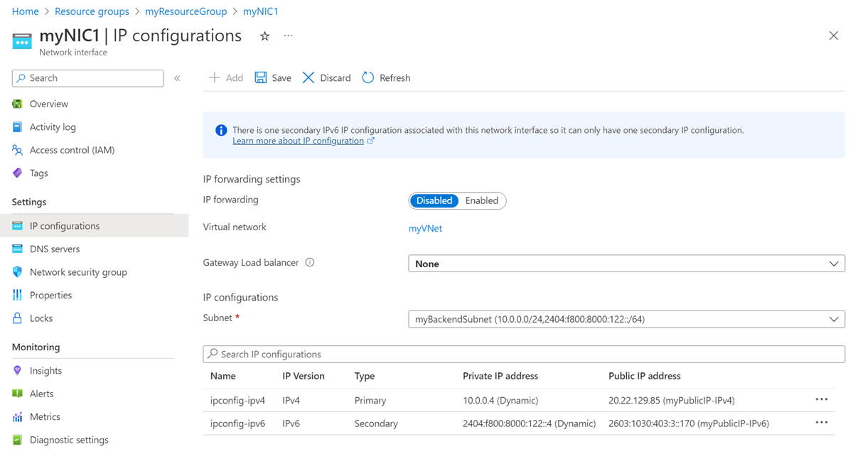 Screenshot of network interface IP configurations.