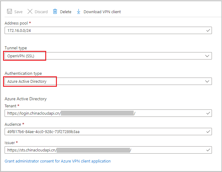 Screenshot showing settings for Tunnel type, Authentication type, and Microsoft Entra settings.