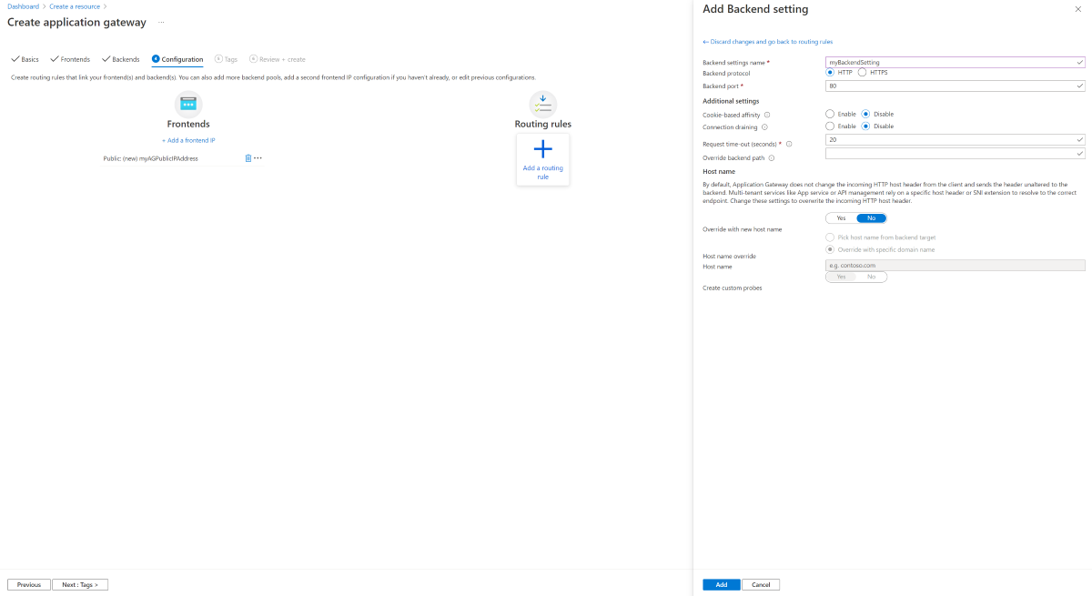 Screenshot showing Create new application gateway, Backend setting.