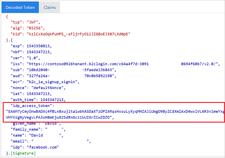 jwt.ms 中突出显示了 idp_access_token 块的已解码令牌