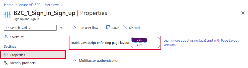 用户流属性页面，突出显示了“启用 JavaScript”设置