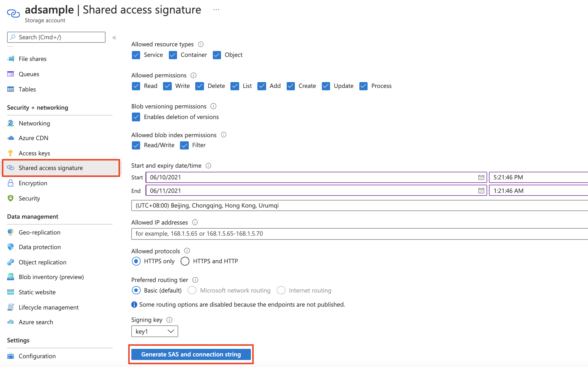 显示如何在 Azure 表存储中生成共享访问签名的屏幕截图。