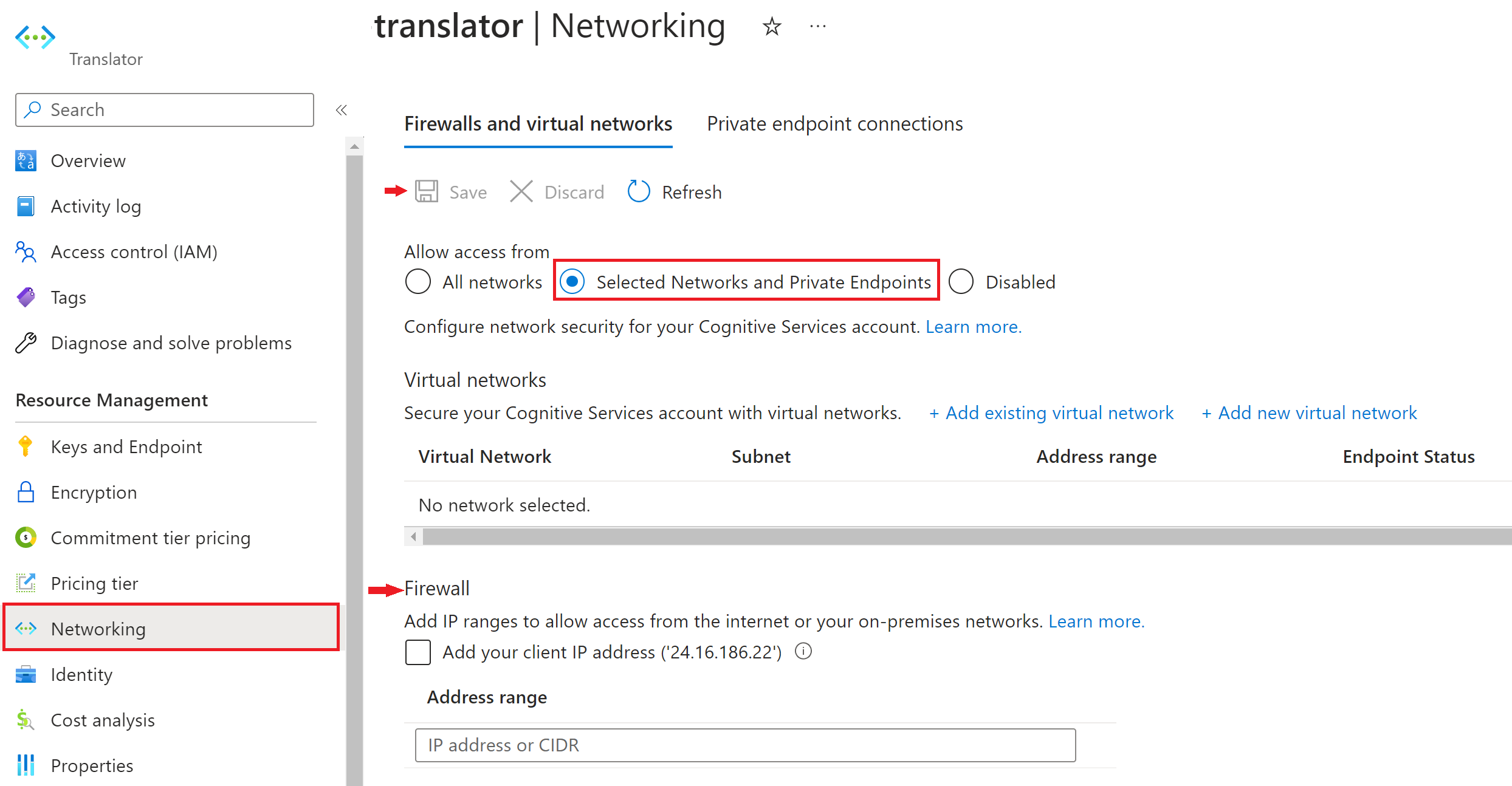 Azure 门户中的防火墙设置的屏幕截图。