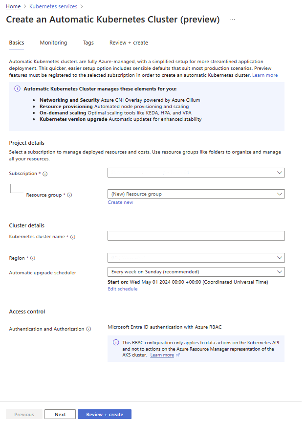 Azure 门户中 AKS Automatic 群集的“创建 - 基本信息”选项卡的屏幕截图。