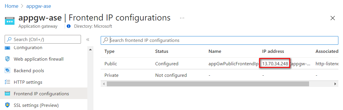 可在“前端 IP 配置”中找到应用程序网关前端 IP 地址。
