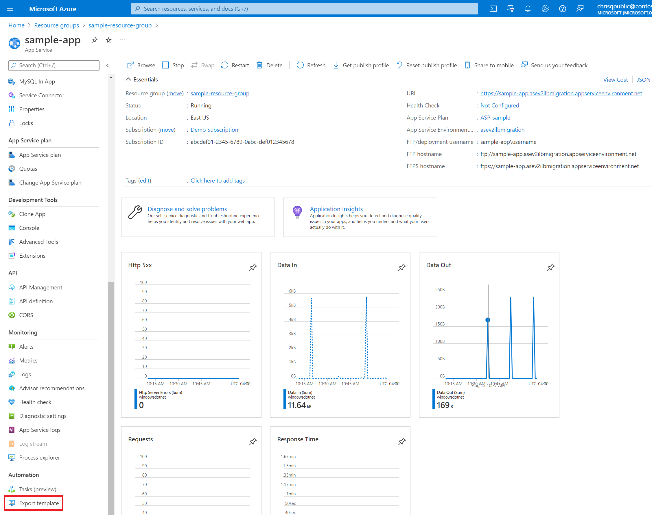 在 Azure 门户左侧窗格中导出模板的选项的屏幕截图。