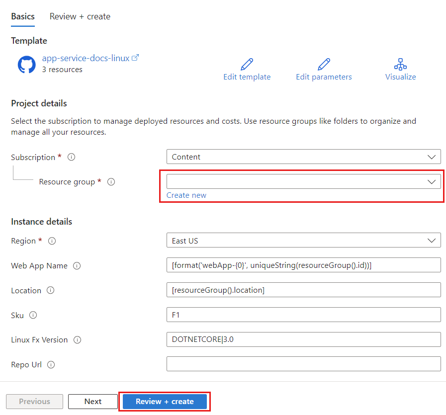 Azure 门户中 ARM 模板的屏幕截图。