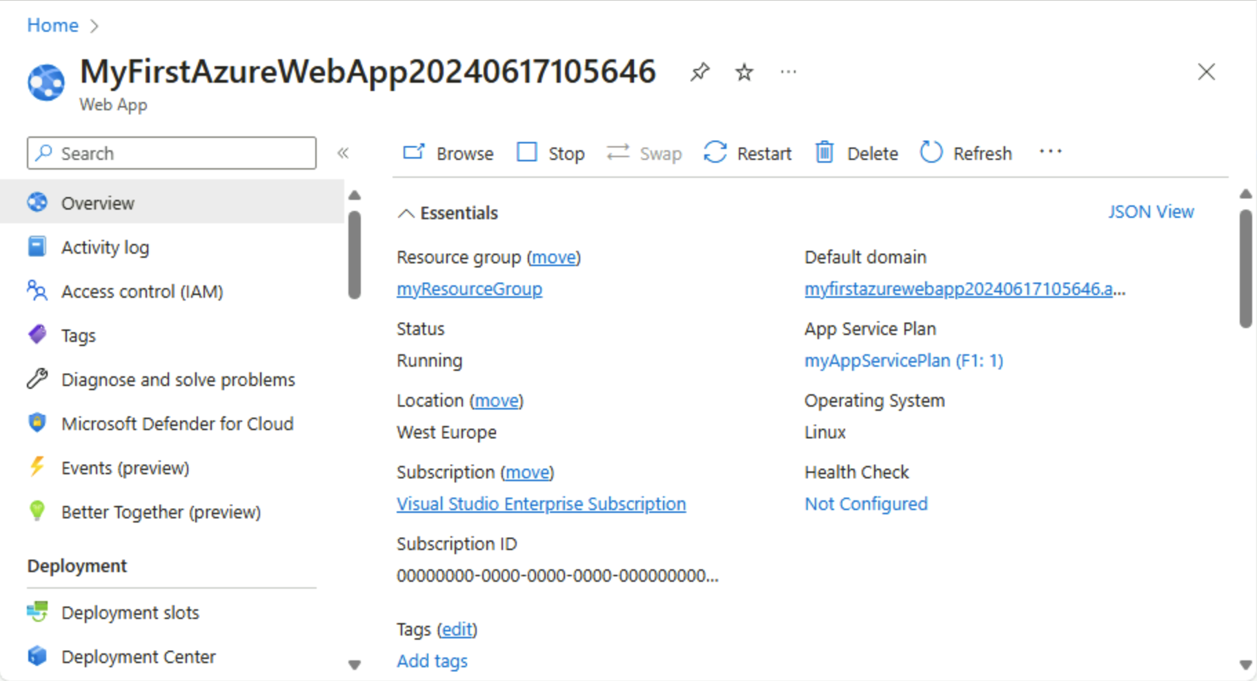 Azure 门户的屏幕截图 -“应用服务概述”页面。