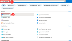 显示如何使用顶部工具栏中的搜索框在 Azure 中查找应用服务的屏幕截图。