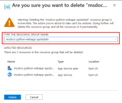 Azure 门户中删除资源组确认对话框的屏幕截图。