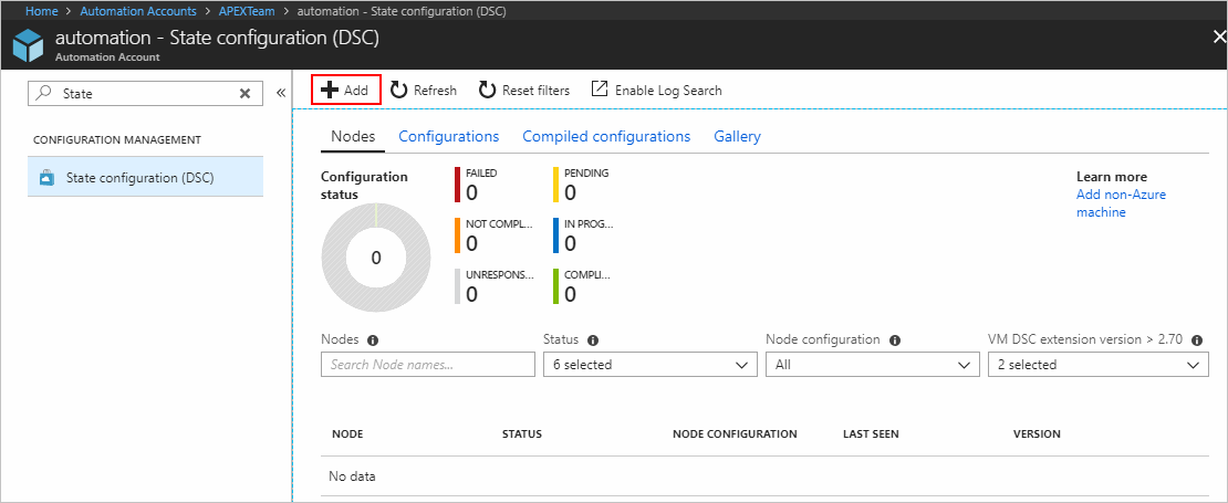 “DSC 节点”页的屏幕截图，其中突出显示“添加 Azure VM”按钮