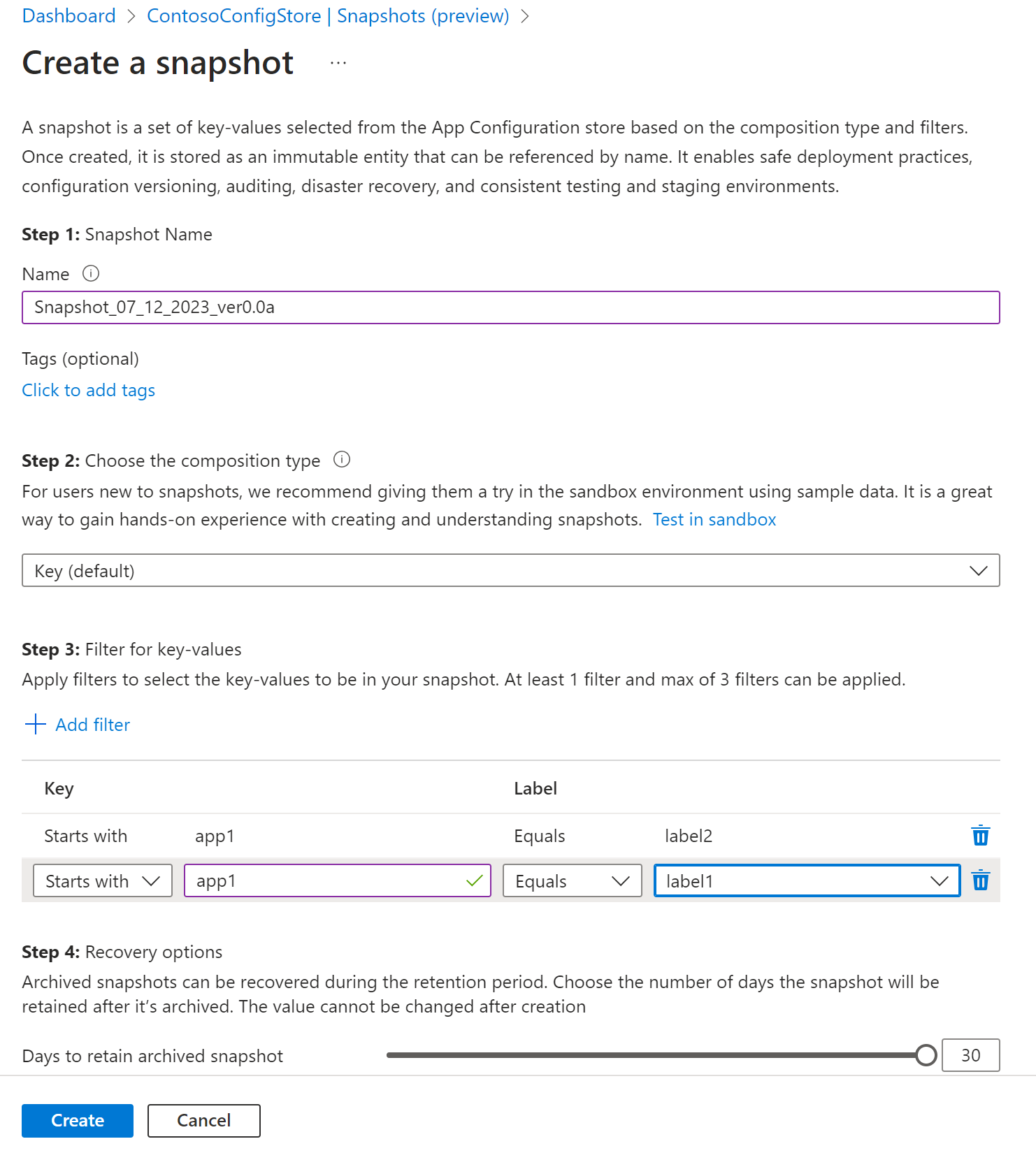 Screenshot of the Create form with data filled as above steps and Create button highlighted.