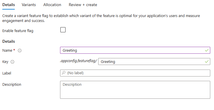 Azure 平台的屏幕截图，其中显示了变体功能标志详细信息。