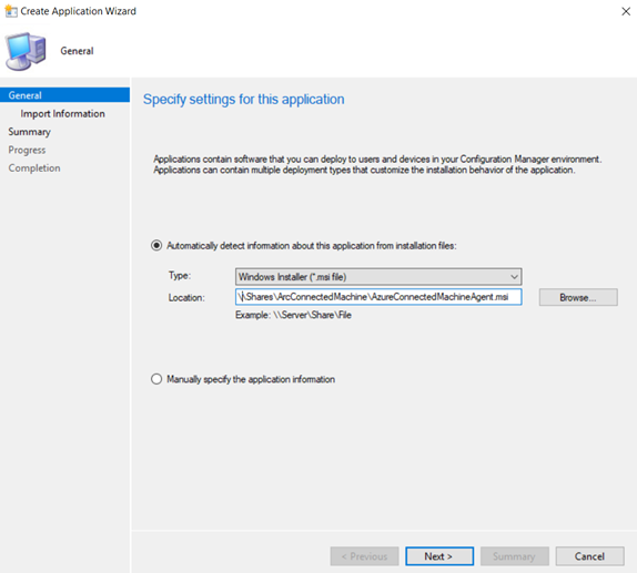 Configuration Manager 中“创建应用程序向导”的屏幕截图。