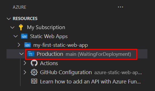 Static Web Apps 扩展 UI 的图像，其中显示了每个订阅下的静态 Web 应用列表。突出显示的静态 Web 应用旁边显示的状态为“正在等待部署”。