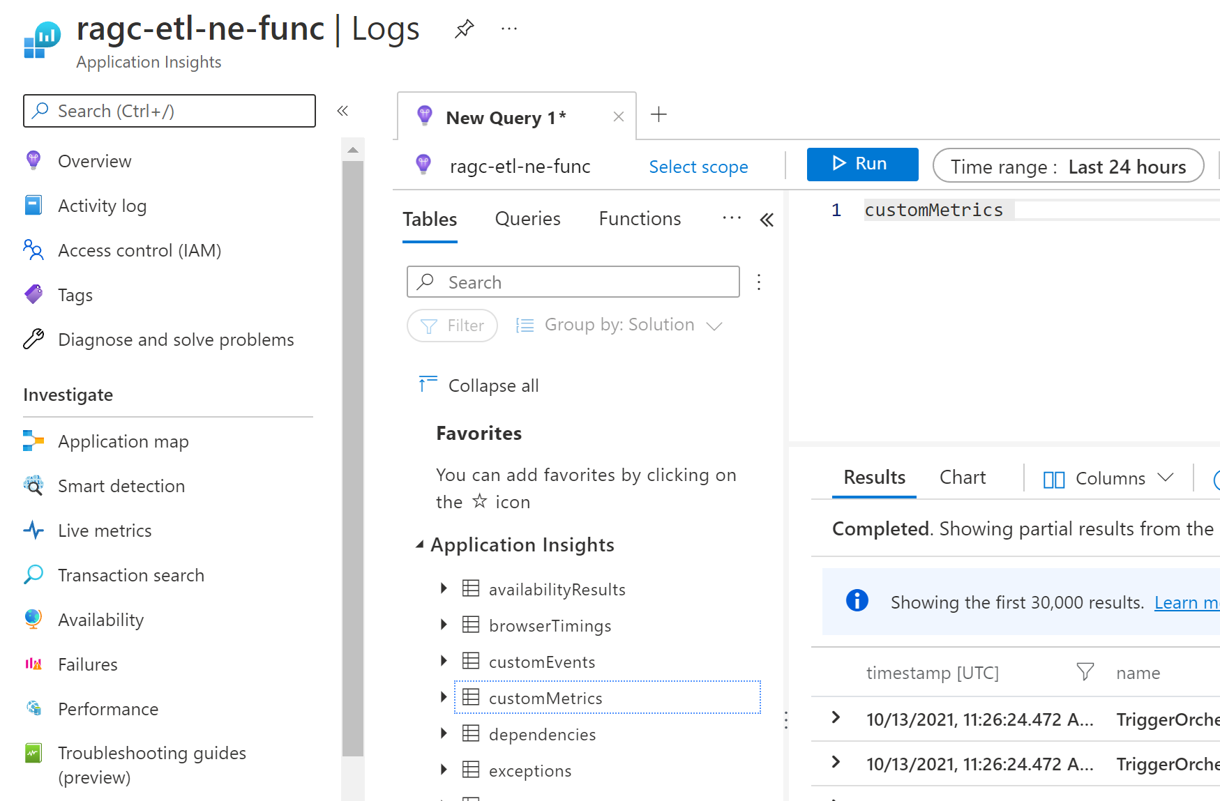 显示 customMetrics Application Insights 表中的 Host.Aggregator 遥测数据的屏幕截图。