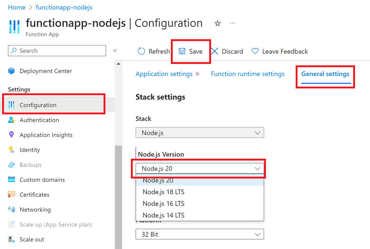 有关如何在 Azure 门户中为函数应用设置所需 Node.js 版本的屏幕截图。