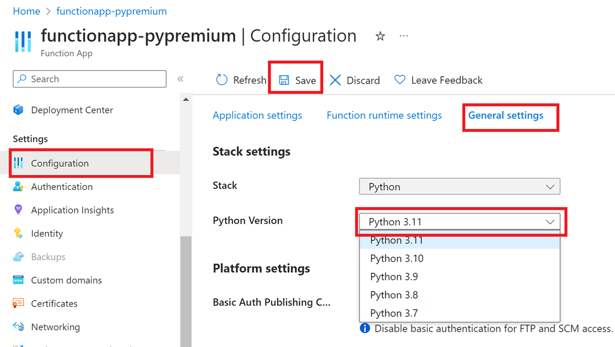 有关如何在 Azure 门户中为函数应用设置所需 Python 版本的屏幕截图。