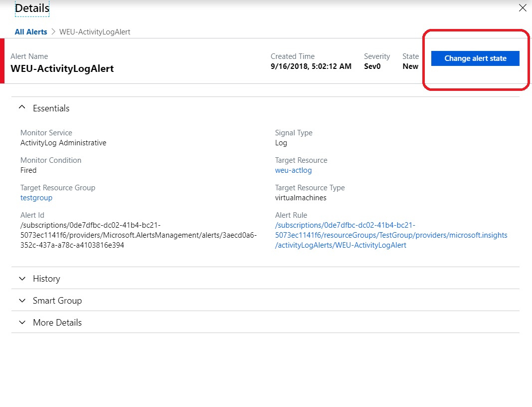 Screenshot shows the Alert Details page with Change alert state selected.