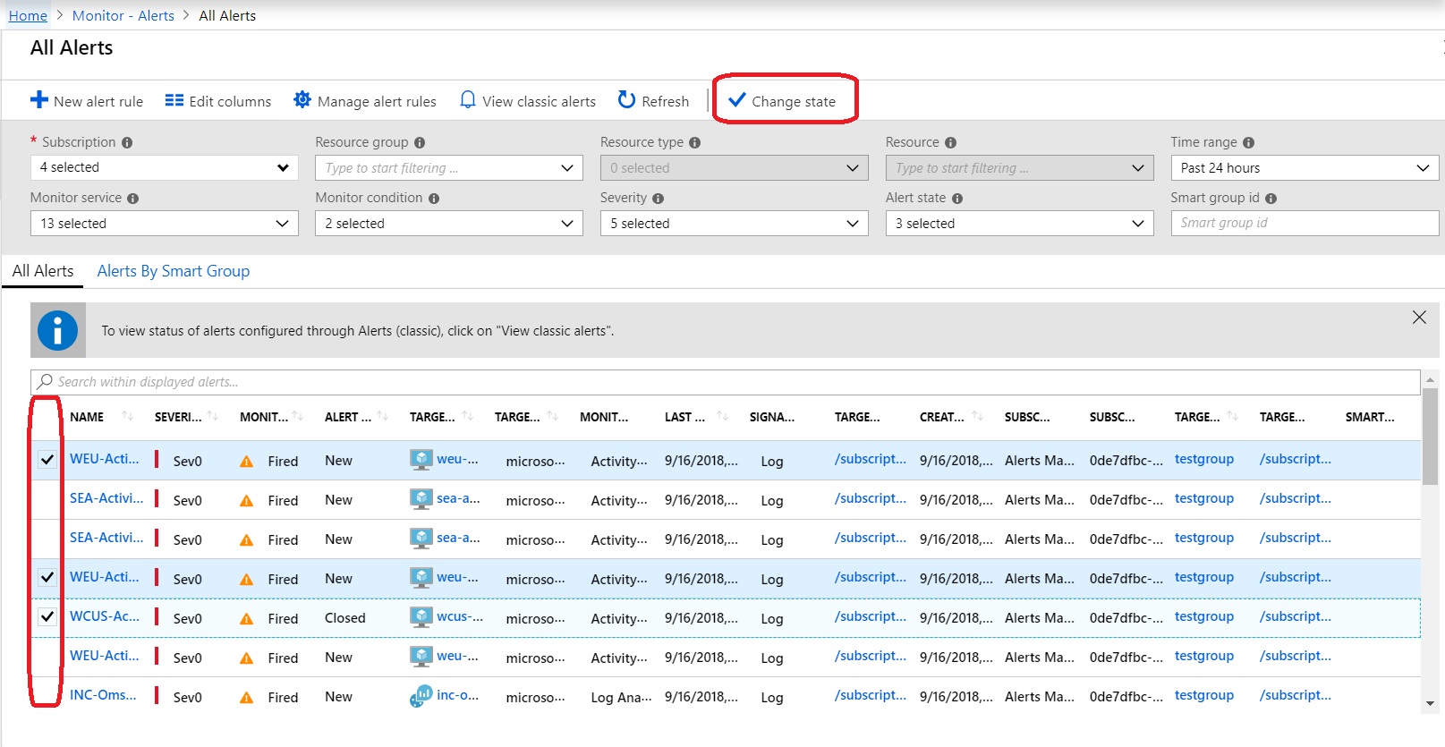 Screenshot shows the All Alerts page with Change state selected.