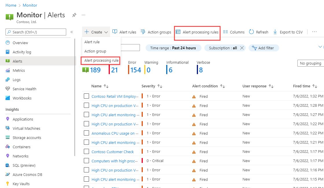 显示如何从 Azure Monitor 登陆页访问警报处理规则的屏幕截图。