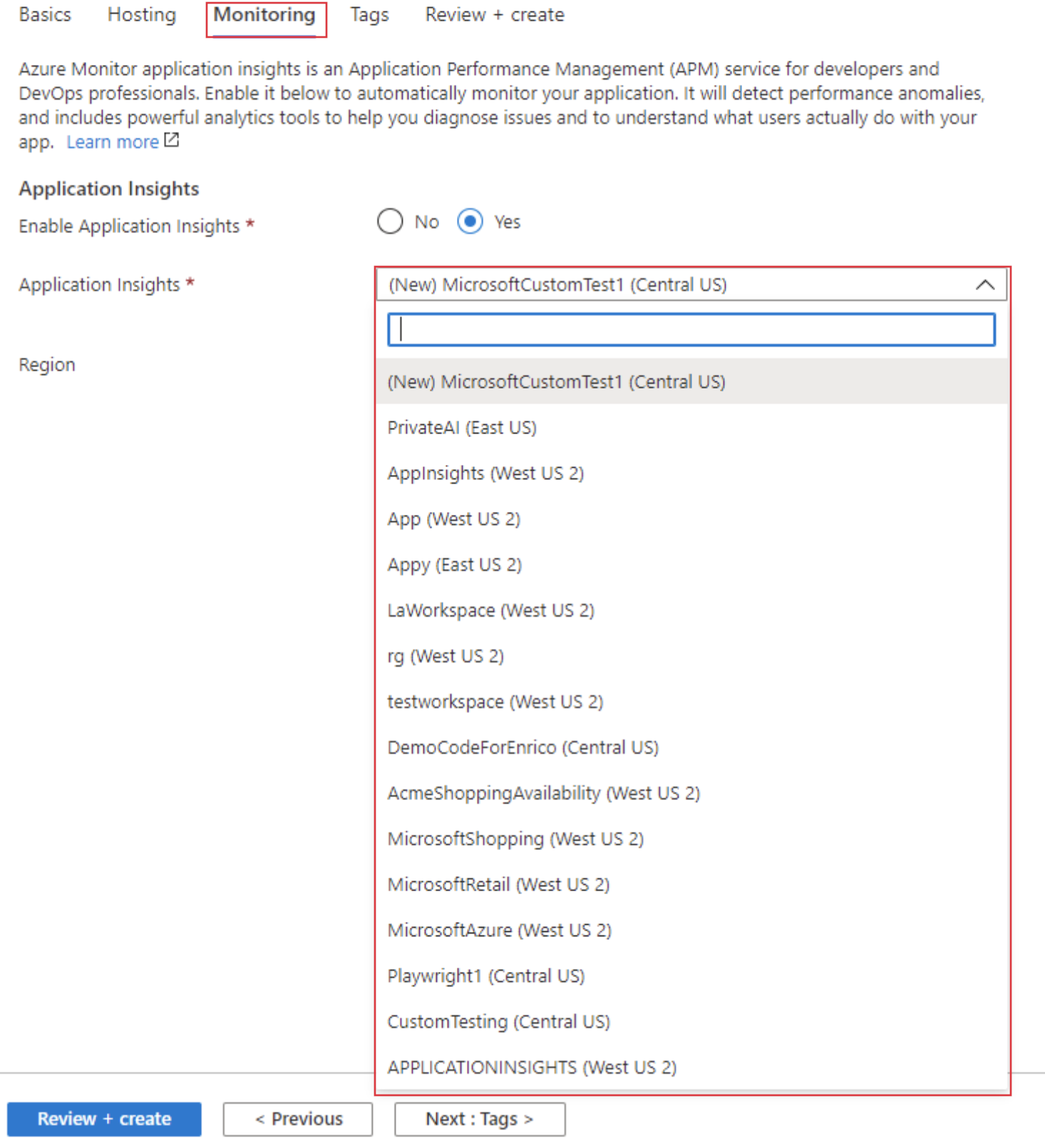 屏幕截图显示如何在“监视”选项卡上选择现有 Application Insights 资源。