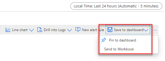 显示 Azure 门户中指标图表的“保存到仪表板”菜单选项的屏幕截图。