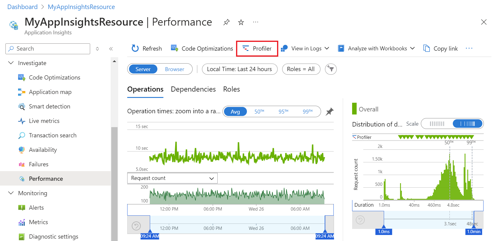 Azure 门户屏幕截图，其中显示了如何导航到 Application Insights Profiler。