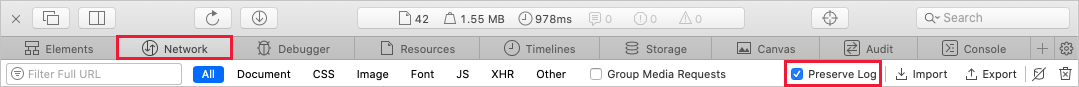 显示“网络”选项卡上的“保留日志”选项的屏幕截图。