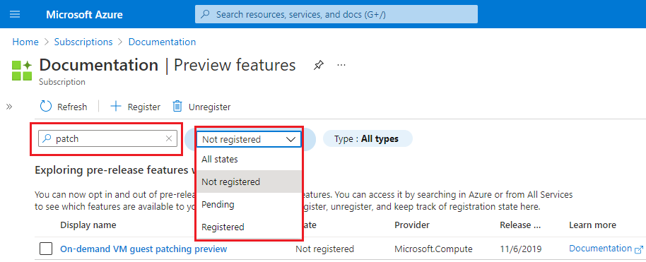 具有预览功能筛选器选项的 Azure 门户的屏幕截图。