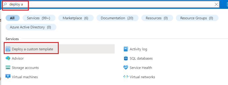 在 Azure 门户中搜索自定义模板的屏幕截图。