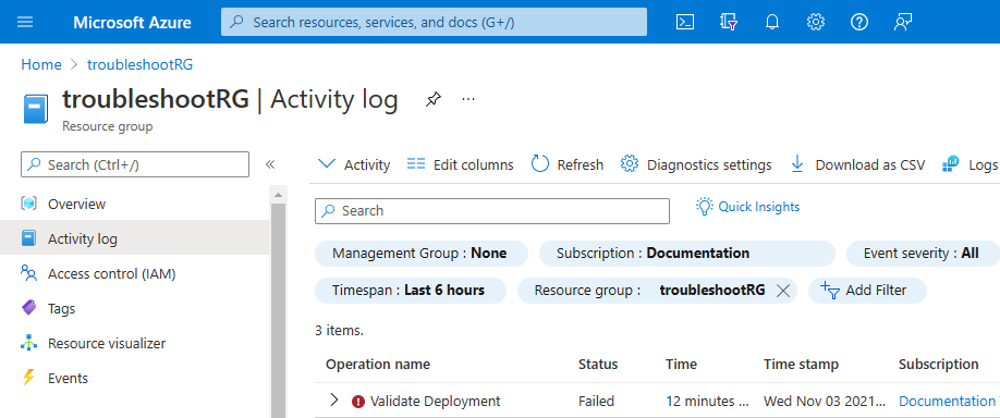 Azure 资源组活动日志的屏幕截图，显示了带有红色感叹号图标的预检错误条目。